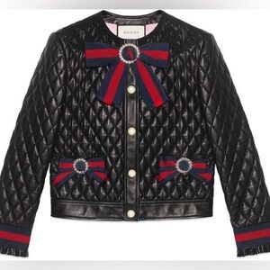 Gucci Black Quilted Leather Jacket with Red and Blue Accents